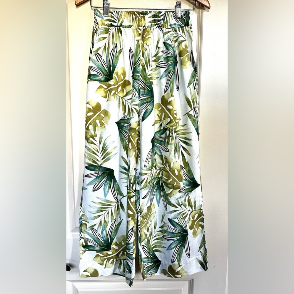 Tropical 55% Linen Leaf Print Wide Leg Pants Sz S Elastic Waist Resort Beach
